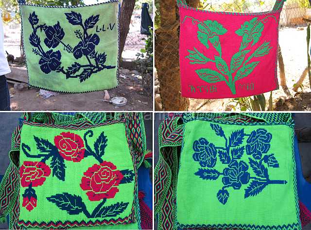 cora_bags1.jpg - Cora bags woven in the town.These bags are worn on backstrap looms, each bag takes approximately one week to make.