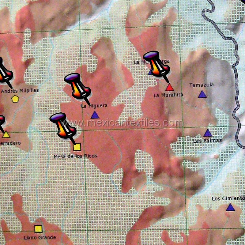 maptepehuanos.jpg - Documentation of tepehuano indigenous textiles from Huajicori, Nayarit, Mexico. The grey line on the right is the border with the State of Durango. This segment of map is from the National Institute of Indigenous languages.