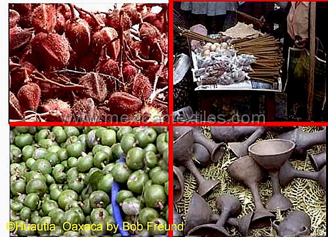 huautla_mazateca__23.jpg - The upper left image is Achiote , top right bee's wax candels eggs, copal inscense used in healings, lower left chico zapotes , a fruit from the lower regions. the bottom right are traditional inscense burners.