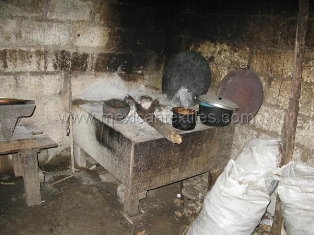 nahua_hueyapan_12.JPG - Tradional kitchem with matate on the left and wood burning stove and comal .