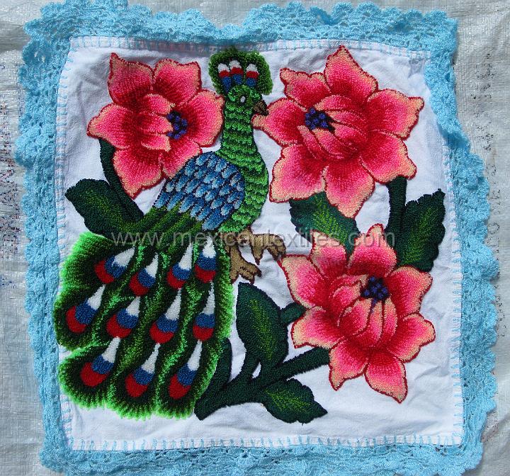 sn_antonio_embroiderey_19.JPG - Otomi indian embroidery from San Antonio Huehuetla, Hidalgo, tortilla cloth with peacock using hooked embroidery.